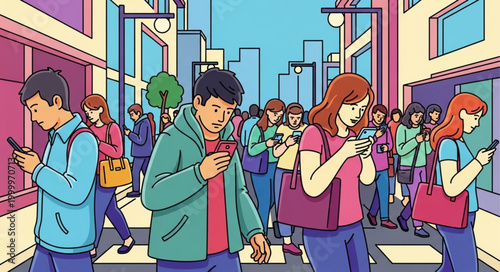 Bilde på lerret People engrossed in their phones crossing a city street.