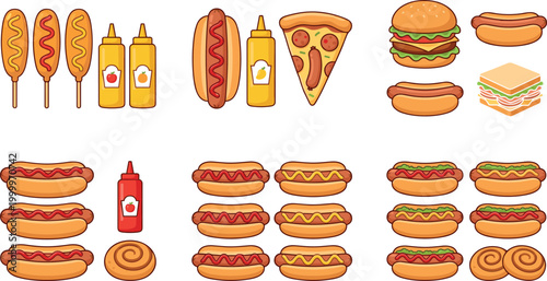 Large vector collection of fast food icons including hot dogs, corn dogs, burgers, pizza, and condiments.