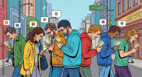 People engrossed in their phones on a city street.