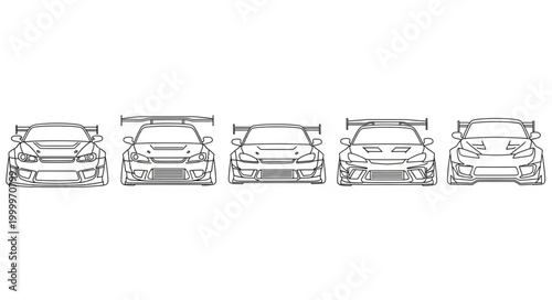 Multiple Sports Car Front View Line Drawings.