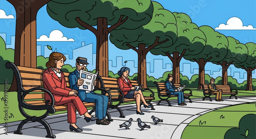 People Relaxing on Benches in a Park on a Sunny Day.