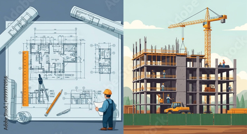 Construction project planning and execution with blueprints and crane.