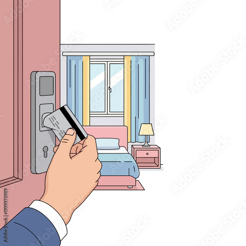 Hand with keycard opening hotel room door