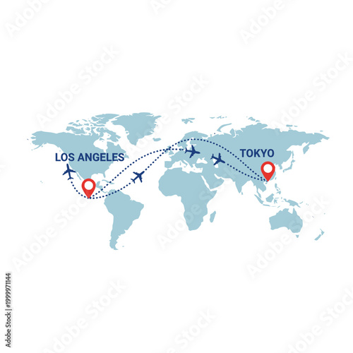 World Map Flight Path: LA to Tokyo