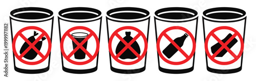 Waste disposal restrictions line icons with red prohibited signs over trash bins on transparent grid.