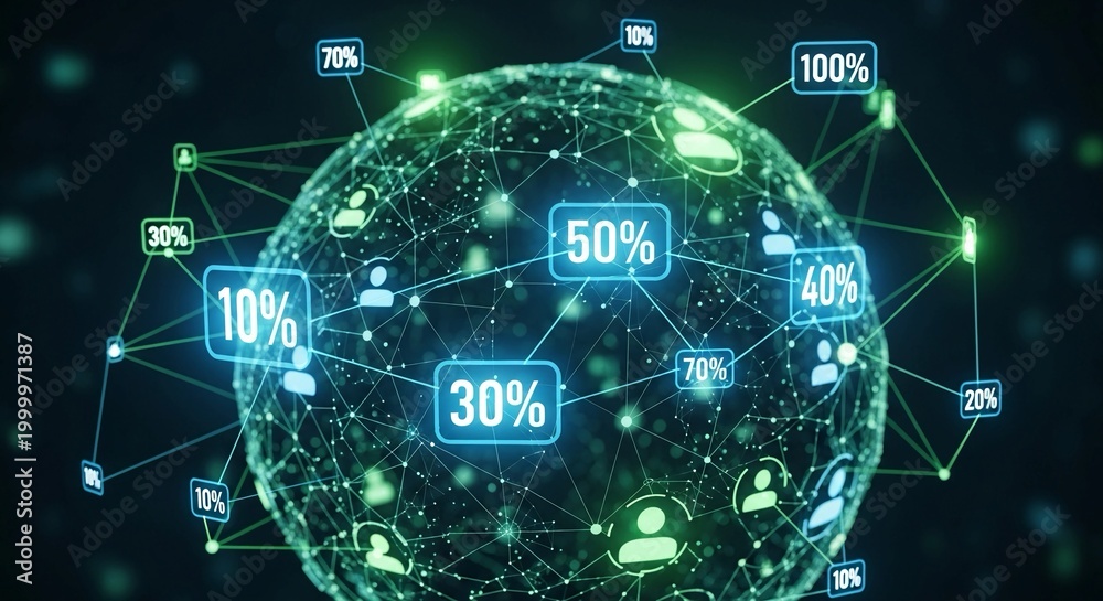 Obraz premium Glowing green globe with percentages and icons on a dark background representing data visualization and global connectivity