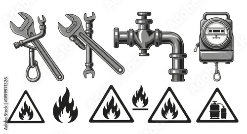 Plumbing and Gas Safety - Tools, Pipes, and Warning Symbols.