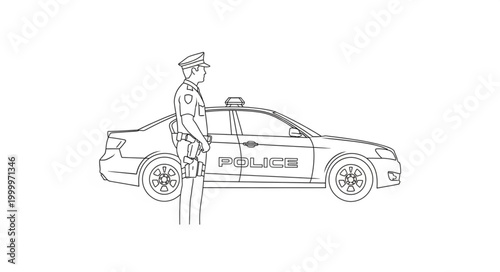 Police Officer Standing Beside a Police Car in Black and White.