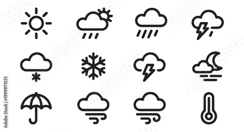 Comprehensive weather line icon set: sun, clouds, rain, snow, lightning, wind, umbrella, thermometer.
