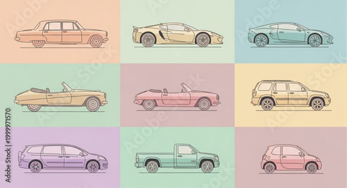 Collection of vintage and modern car illustrations in a grid pattern.