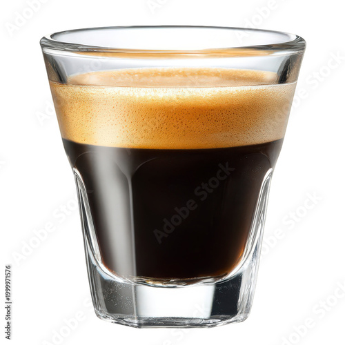 glass of layered espresso macchiato with creamy foam isolated on transparent background