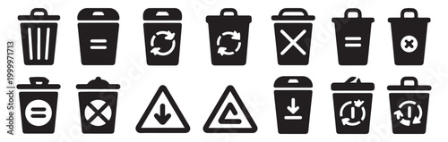 Recycling bin icon pack featuring various waste sorting symbols and ecological warning signs design.