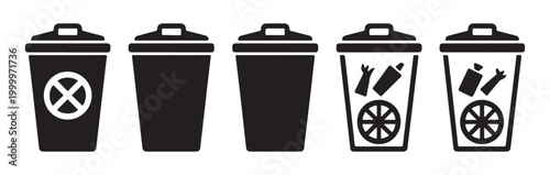 Detailed waste bin silhouettes showing internal contents and forbidden symbols for litter management.