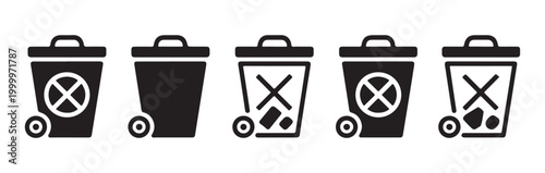 Set of black trash can with crossed out circle and items inside on transparent background.