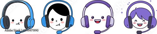 Cute cartoon characters wearing headsets expressing different emotions, including happy, sad, and playful, perfect for gaming and communication themed illustrations and designs