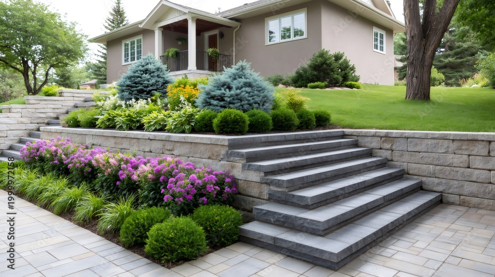 Fototapeta premium Residential house showing beautiful landscaping with stone steps