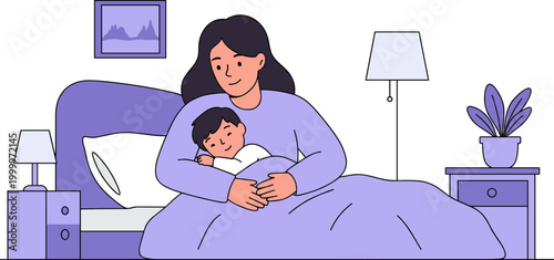Mother lovingly embracing her son in bed at night, peaceful and cozy atmosphere with soft purple tones, bedroom with bedside lamp and plant, illustrating warmth and familial bond