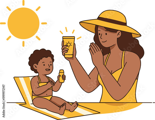 Mother applying sunscreen to child while lounging in the sun on a yellow beach towel, enjoying a sunny day, emphasizing skin protection and family bonding in a cheerful outdoor setting