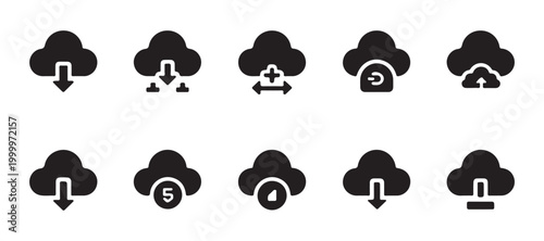 Cloud computing storage and download service icons set featuring upload sync and data backup symbols.