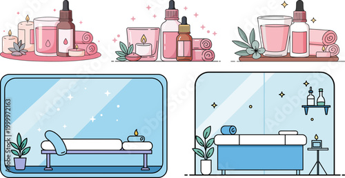 Relaxing spa wellness composition with essential oils, candles, towels, and massage table showcasing soothing atmosphere in bright, minimalist environment for rejuvenation and self-care