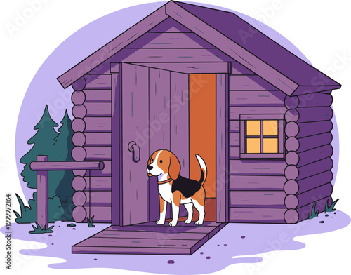 A beagle dog standing at the entrance of a cozy log cabin surrounded by pine trees, exploring the outdoor scenery in a serene woodland setting during twilight hours with soft lighting effects