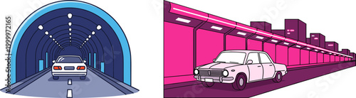 Illustration of a modern car driving through a tunnel with bright lights and another car on a highway showcasing vibrant colors and a futuristic backdrop of buildings and neon signs