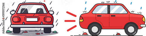 Illustration of two red cars, one parked rear-facing in rain and another moving towards the viewer, showcasing contrasting perspectives and details like raindrops and tires on ground