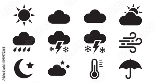 Meteorological weather icon set featuring clouds sun rain storms and wind for daily climate updates.