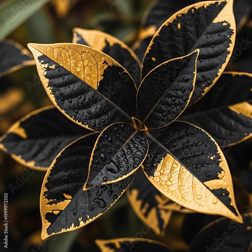 Striking foliage displays a dramatic pattern of black and golden yellow coloration after rainfall