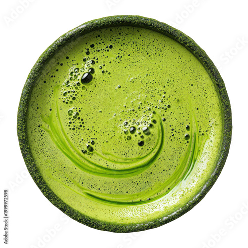 matcha latte with swirl pattern in ceramic bowl isolated on transparent background