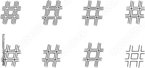 Stylized Black and White Double Line Art Hash Symbol Icon Set for Digital Communication and Technology Concepts