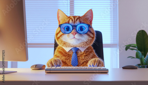 Funny orange tabby cat wearing blue glasses and a tie working at a computer in an office