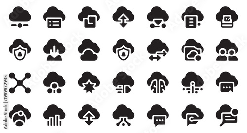 Professional cloud computing icons collection for enterprise network architecture and data analysis.