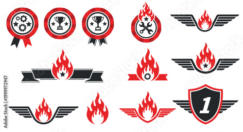 Dynamic set of racing emblems and mechanic badges featuring flames, wings, gears, trophies, and number one rankings in black and red.