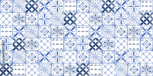 Foto Seamless blue tile pattern, traditional Mediterranean ceramic mosaic background,