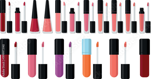 Lipstick and lip gloss collection with makeup beauty products vector illustration.