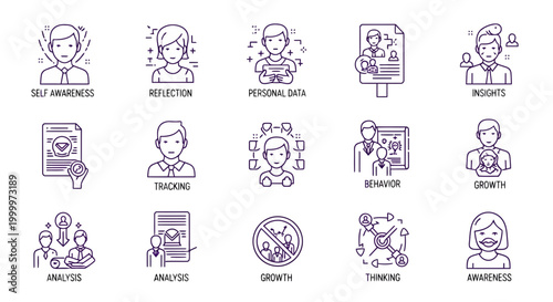 Personal Growth and Self-Improvement Icons Illustrating Key Concepts for Development and Awareness