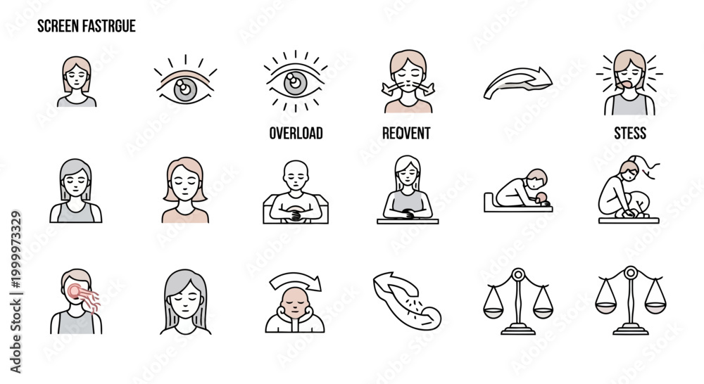 Fototapeta premium Modern vector icons of fatigue, stress, and mental exhaustion symptoms, representing the diverse challenges to human well-being in a fast-paced world