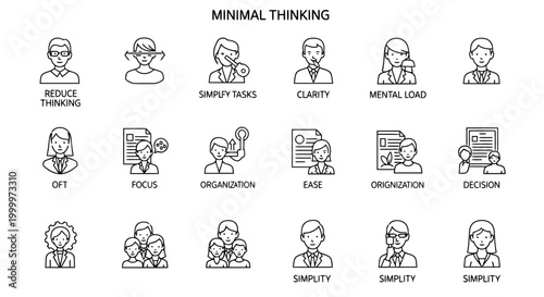Line icons illustrating streamlined thinking and task simplification. Concepts for clarity, organization, decision-making, and mental load reduction to boost productivity