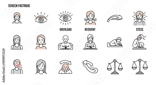Modern vector icons of fatigue, stress, and mental exhaustion symptoms, representing the diverse challenges to human well-being in a fast-paced world