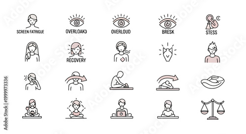 Collection of Icons Representing Health Issues and Symptoms, Including Eye Strain, Overload, and Stress