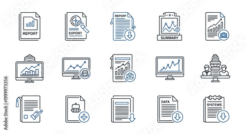 Collection of business analytics and reporting icons, depicting data analysis, financial reports, and performance charts on digital screens and documents
