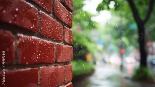 Rain falling on a wet red brick wall with a blurred street background
