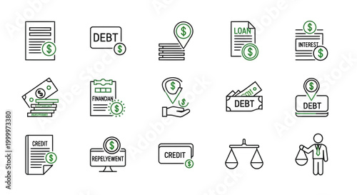Diverse Linear Icon Set Explaining Financial Debt, Credit Management, Loan Agreements, Interest Rates, and Payment Processes