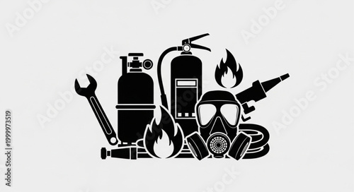 Safety Equipment and Hazardous Materials Illustration - Fire Extinguisher, Gas Mask, and Wrench.