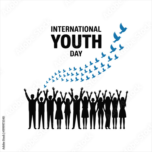 International Youth Day Concept with Silhouette Crowd and Flying Birds Symbolizing Freedom