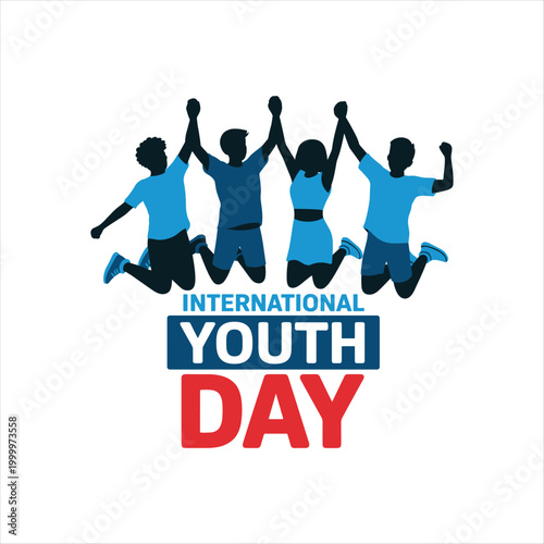 International Youth Day Celebration Banner with Happy Jumping Youth Silhouette Vector Illustration