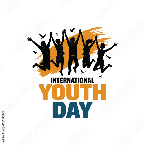 International Youth Day Banner with Jumping Young People Silhouette Celebration Vector Illustration