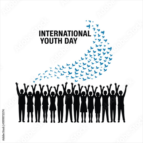 International Youth Day Celebration with Silhouette Crowd and Flying Birds Shape Illustration