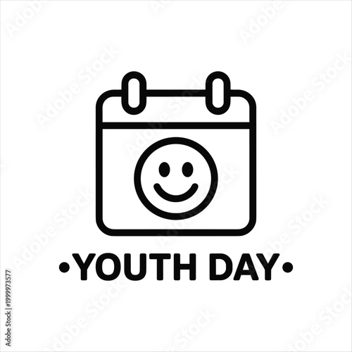 Youth Day Calendar Icon with Smiley Face Minimal Line Art Illustration on White Background